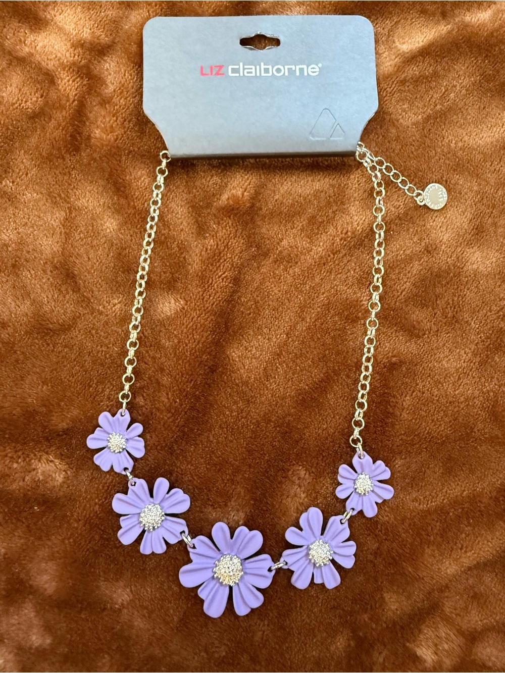 Liz Claiborne Lavender Flower Necklace with Gold Chain